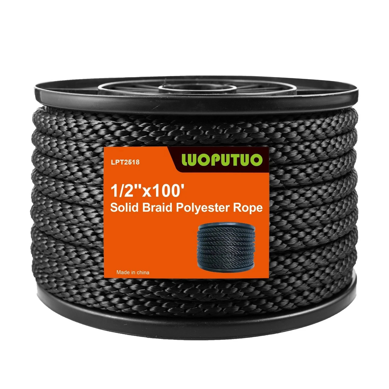 1/2 INCH 100 FT Black Polyester Solid Braid Rope-UV Resistant&Wearproof