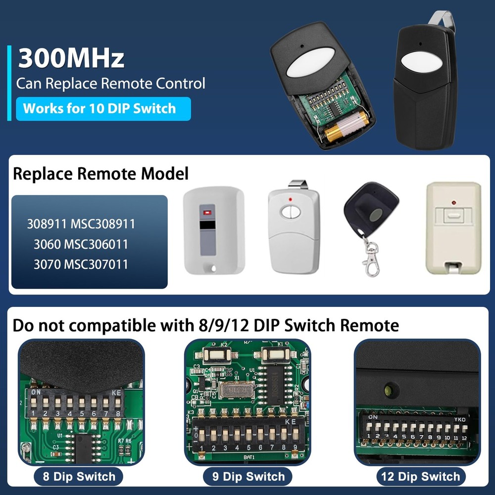 Multi-Code 3089 Garage Gate Remote, 10-DIP Switch, 300MHz - 308911/1089/3070/...