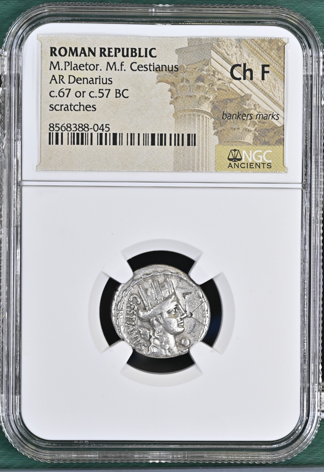 Roman Republic - M. Plaetorius M.f. Cestianus (ca. 67/57) Denarius - NGC CH Fine