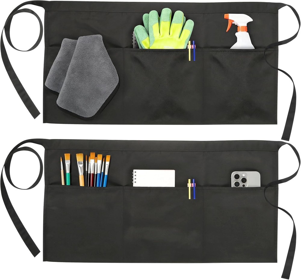 2-Pack Black Server Aprons with 3 Pockets, Adjustable Water-Resistant Waist Half
