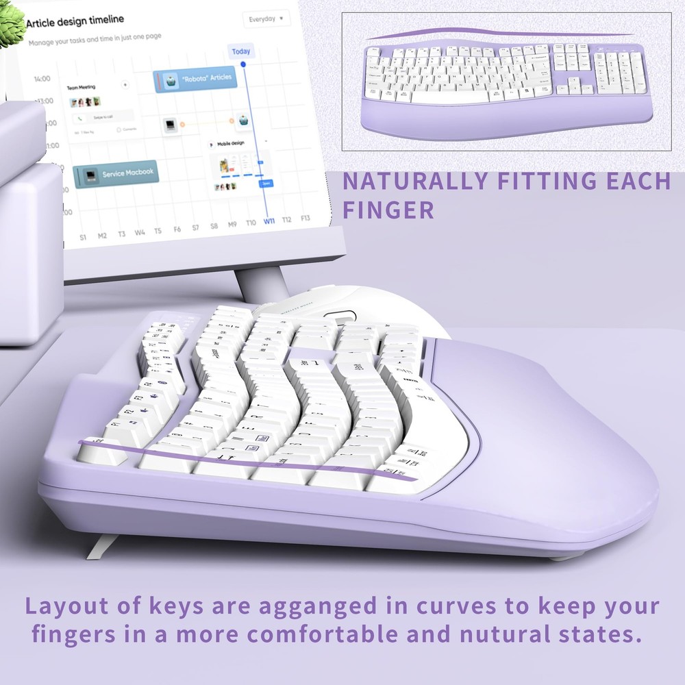 Ergonomic Wireless Keyboard and Combo, Wave Keys Keyboard with Wrist Rest for...