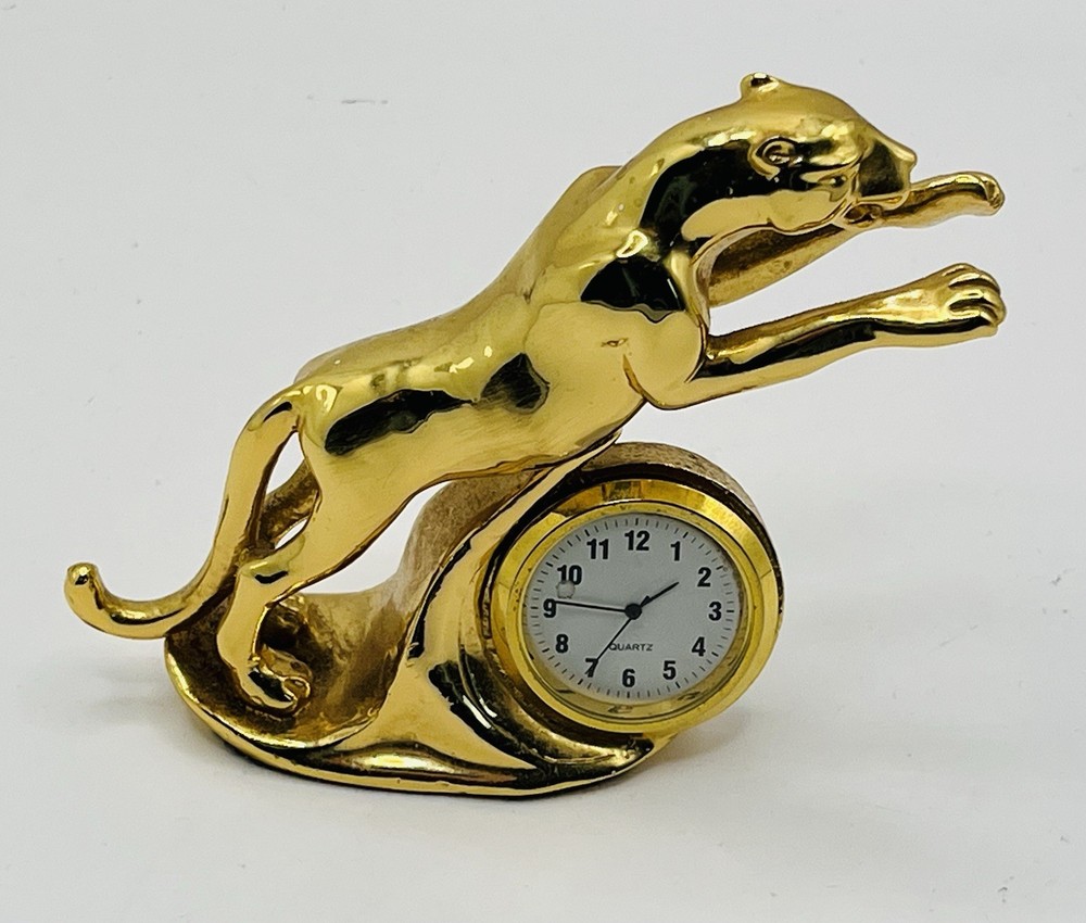 Vintage Solid Brass Leaping Jaguar Desk Clock