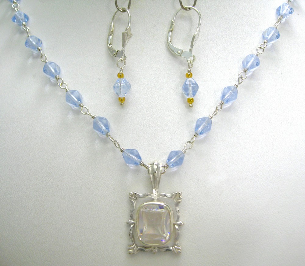 925 SOLID Sterling Silver Crystal Pendant Blue Crystal Link Necklace Earring Set