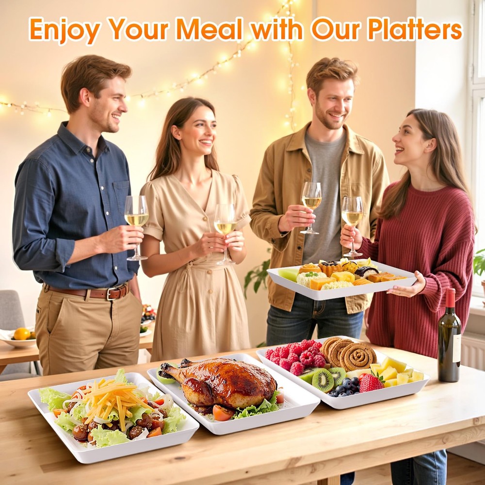 4 PCS Serving Tray Serving Platter Rectangular Plastic Food Display White Stack