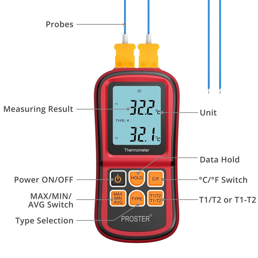Proster Digital Thermocouple Temperature Thermometer with Two K-Type Thermoco...