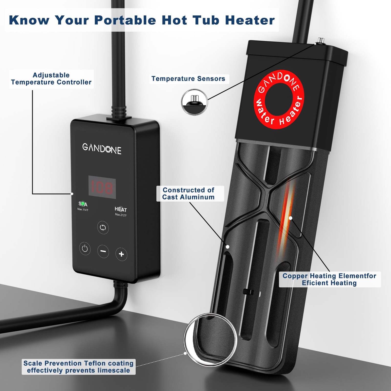 GANDONE Dual Spa Water Heater, Portable Hot Tub Immersion Heater Black