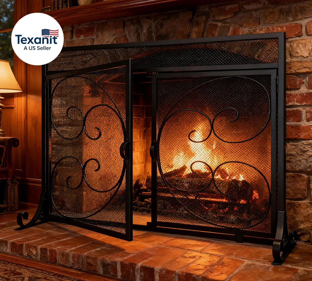 Flat Fireplace Screen with Hinged Doors Handcrafted Wrought Iron Classical Scrol