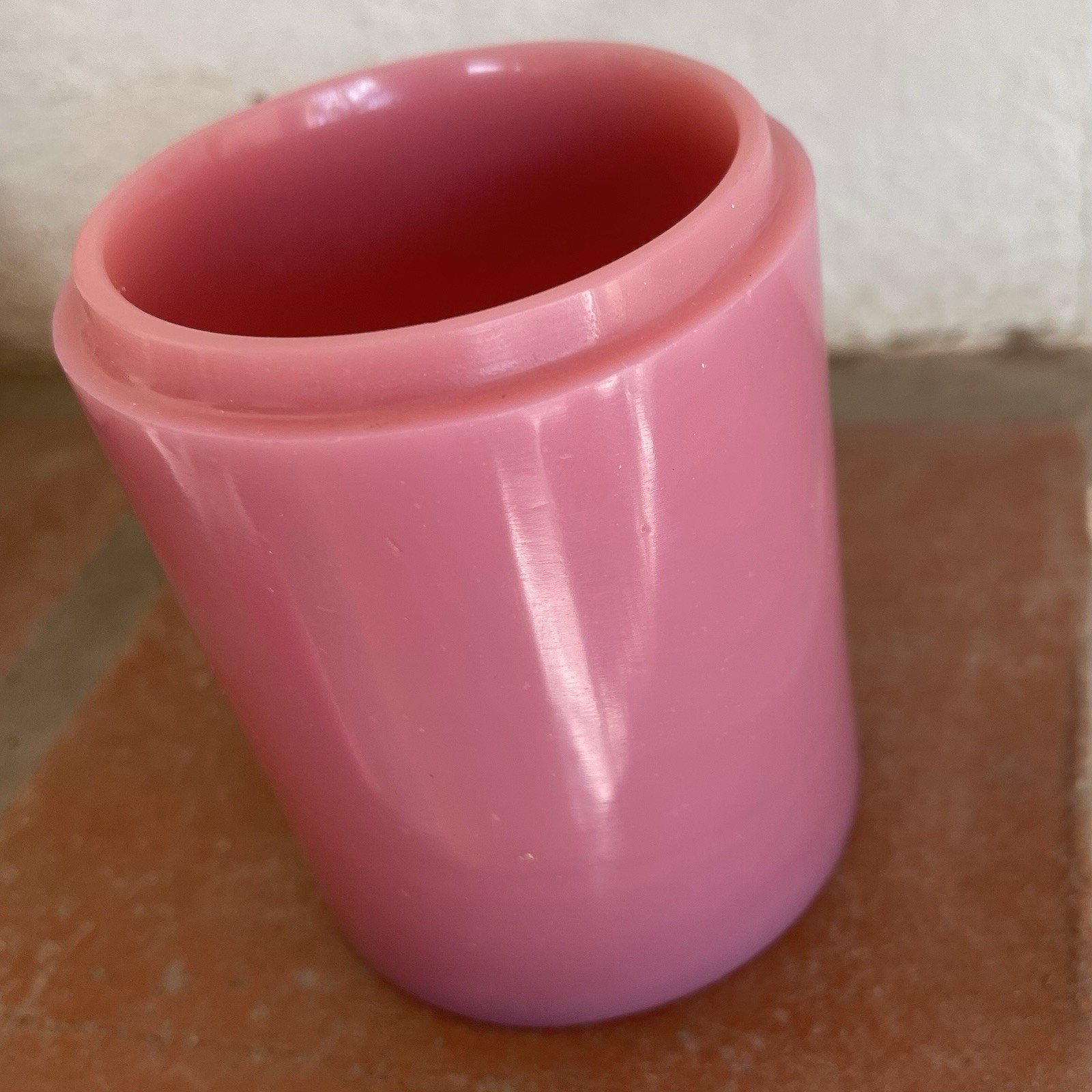 Vintage Chinese Opaque Pink Peking Glass Cup Jar Antique Etched Mark CHINA