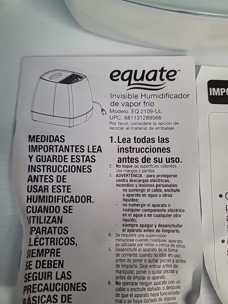 Equate Invisible Cool Mist Humidifier Model EQ 2109-UL