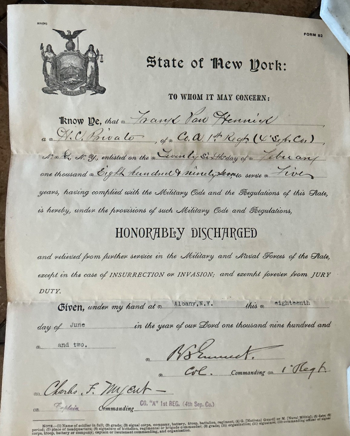 ANTIQUE …1897 NYS US Naval FORCES Discharge paper EXCELLENT condition
