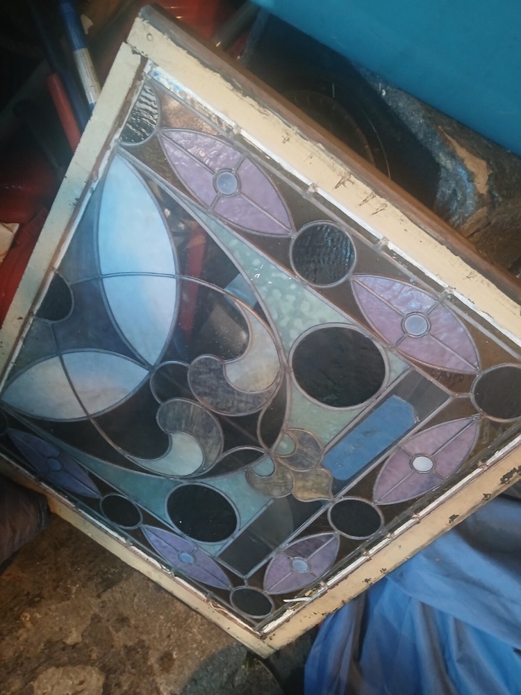 antique stained glass window pair