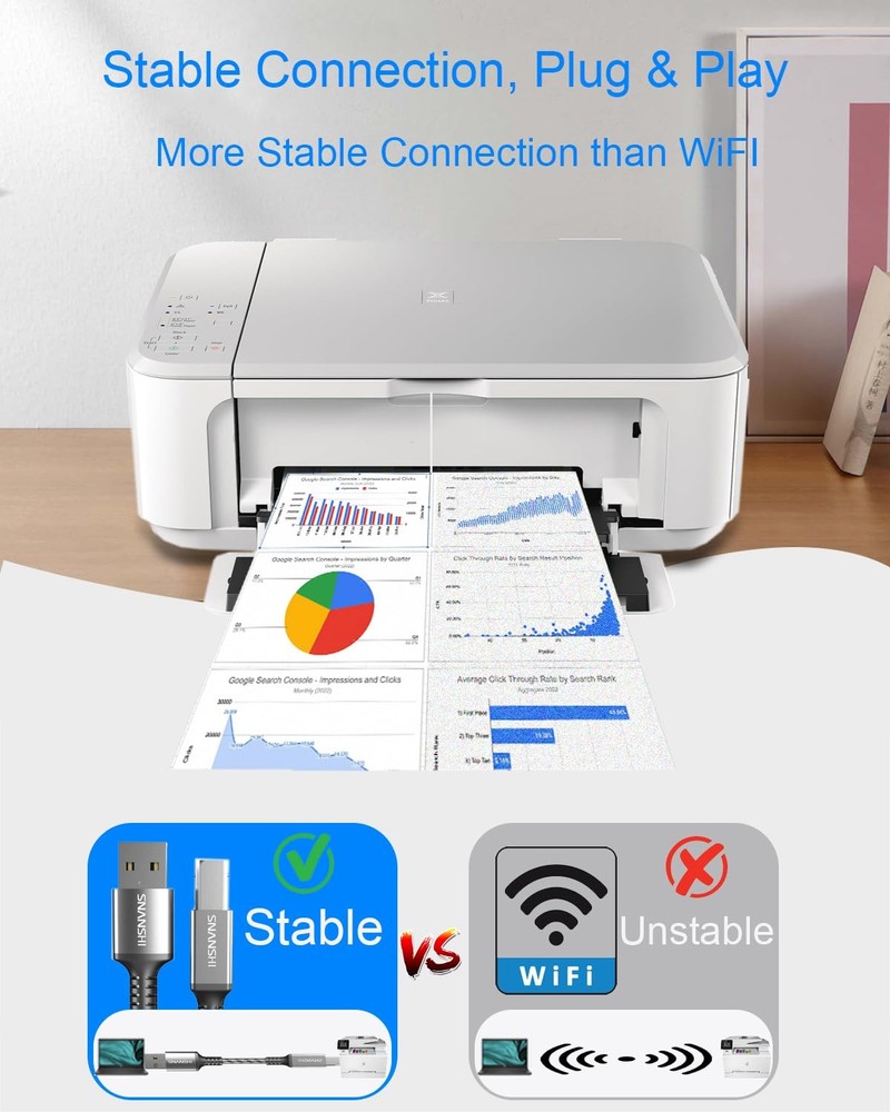 USB Printer Cable 6ft - USB2.0 A to B - Stable Connection, 6FT