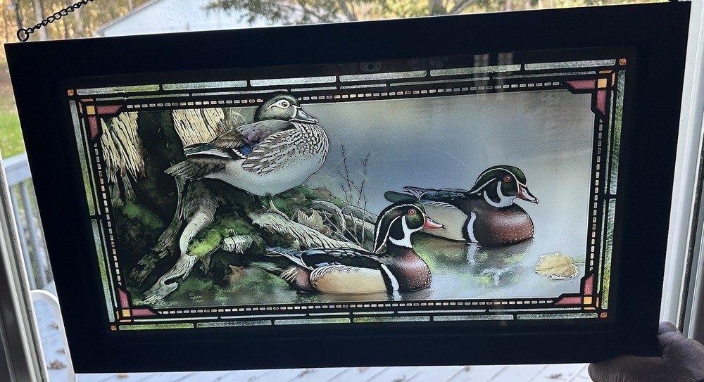 Hand Painted 13”X23”Hanging Window Panel w 3 Mallards BEAUTIFUL!