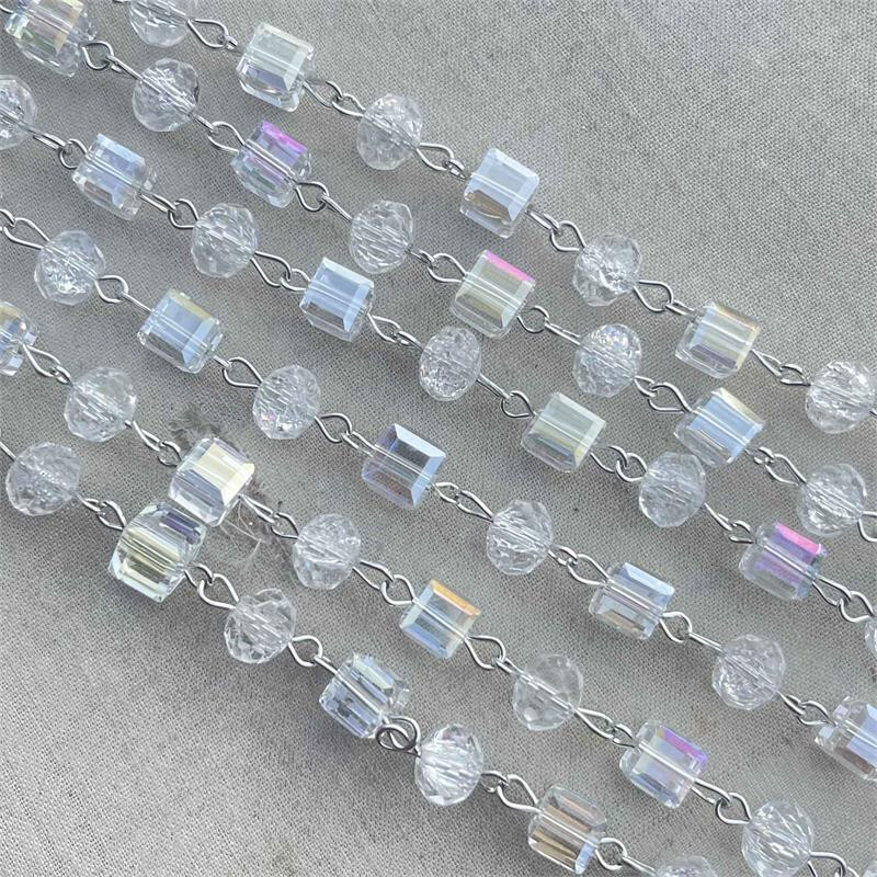 Crystal AB Cube Rondelle Beaded Rosary Silver Eyepin Chain 8mm Q2ft per Pkg