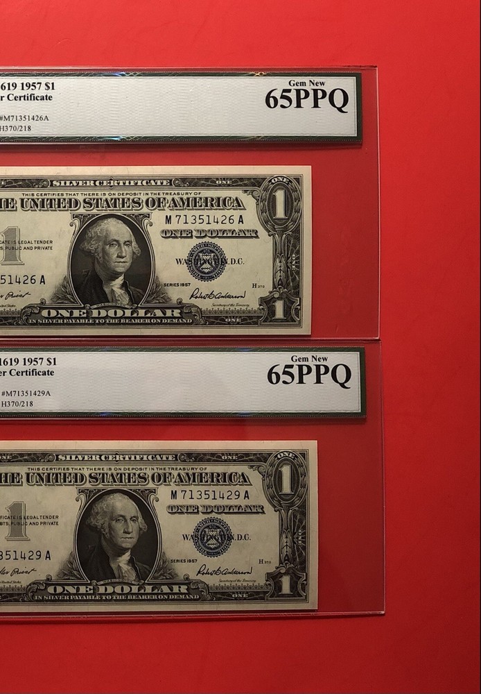 1957 -2 SILVER CERTIFICATE $1 NOTES,GRADED BY LEGACY GEM NEW 65 PPQ