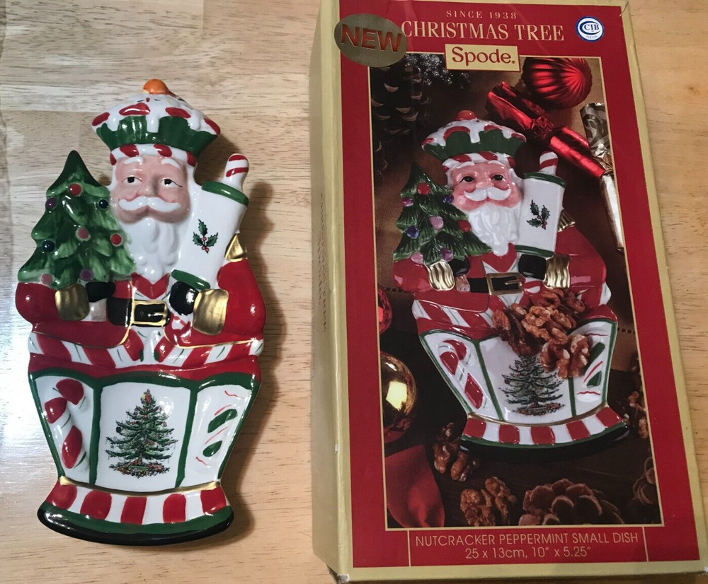 CHRISTMAS TREE SPODE SANTA NUTCRACKER PEPPERMINT SMALL DISH 10" X 5.25"