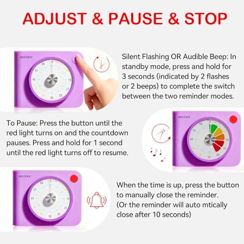 Secura Visual Timer for Kids – 60-Minute Classroom Countdown Timer with Purple