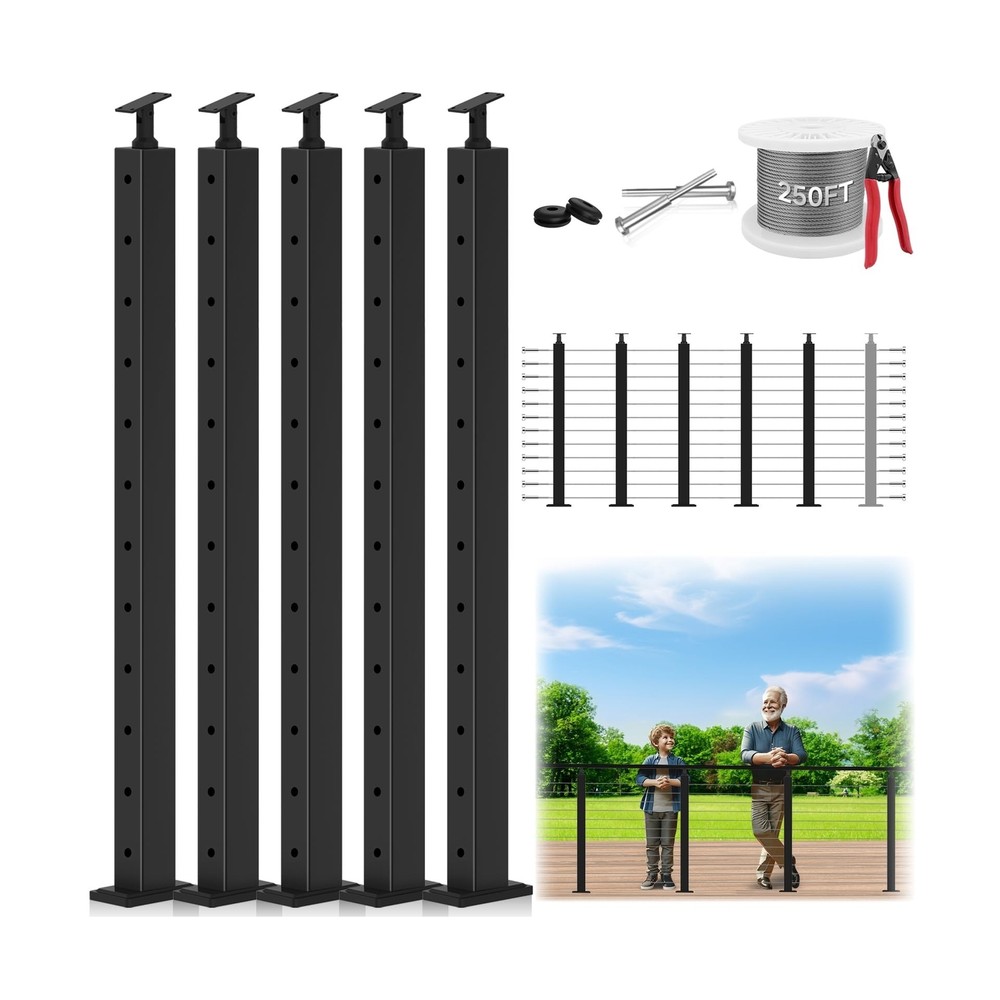 5Pack One-Stop Cable Railing Post Kits, 42" Adjustable Top Level Drilled Line...