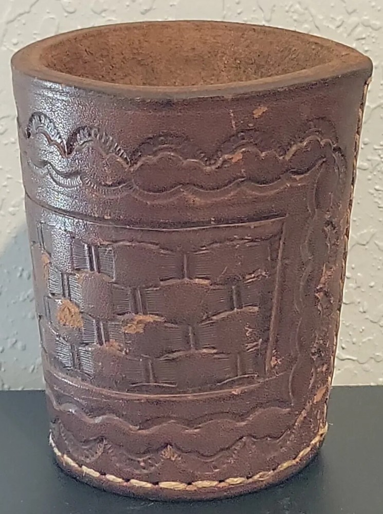 Ornate Handmade Leather Dice Cup (Brown) No Lining White Thread  • Unsigned • 3"