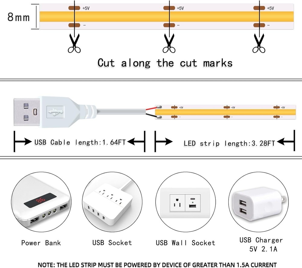 Energy Efficient 320 LED COB Strip Light - 3.28FT White USB Lighting Solution