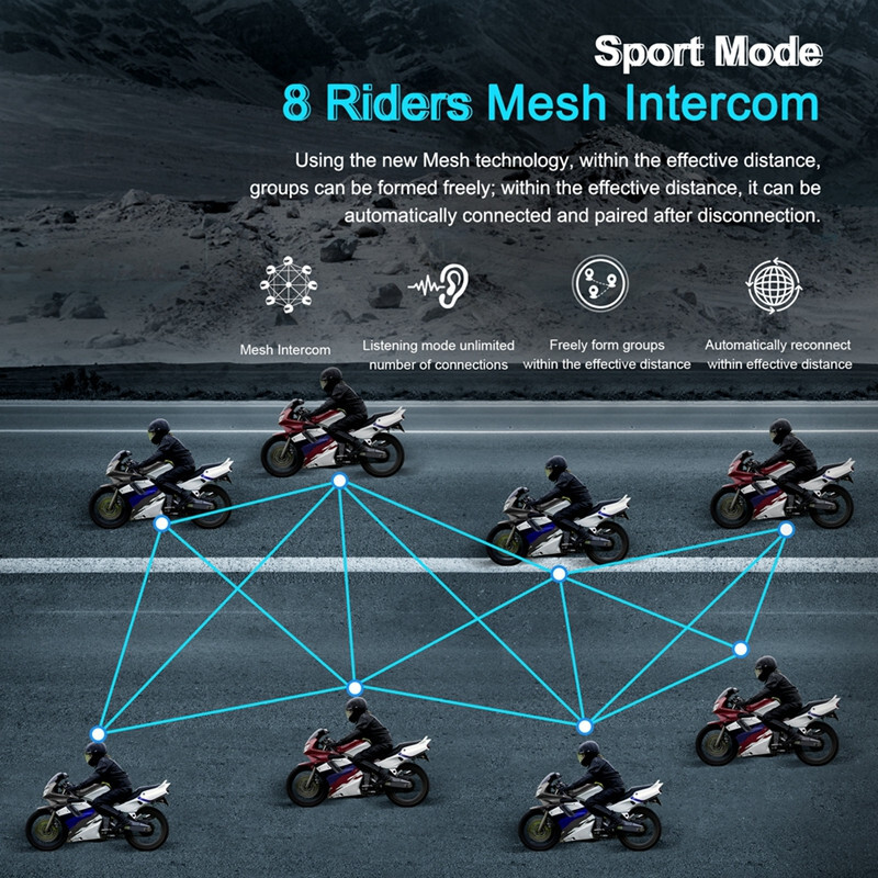 2Pcs Helmet Mesh Bluetooth Intercom Motorcycle Headset Communication 8 Riders