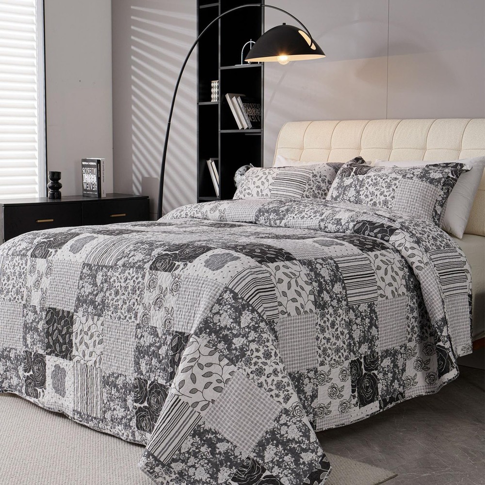 Patchwork Quilt Set Floral Plaid Reversible Bedspread Coverlet Set Cotton Queen