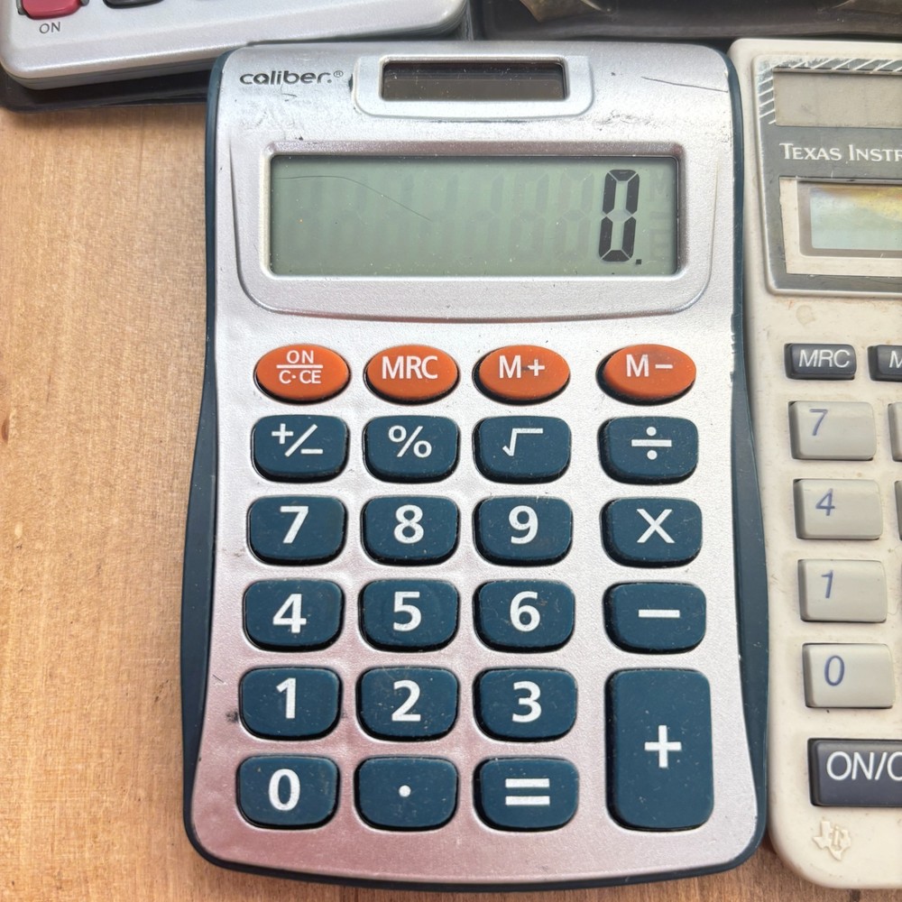Lot 5 Vtg Calculators, Texas Instruments, Casio, Sharp, Caliber
