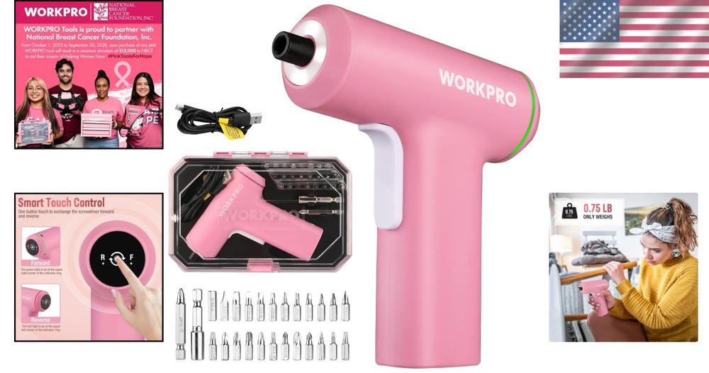 Efficient Pink Cordless Screwdriver - LED Light & Smart Control for Easy Repairs