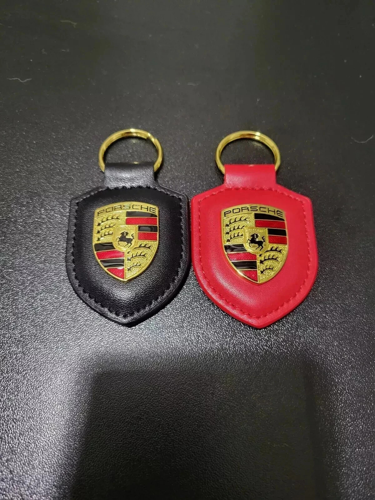 2X For Porsche Crest Leather Keyring Keychain Fob - Red & Black