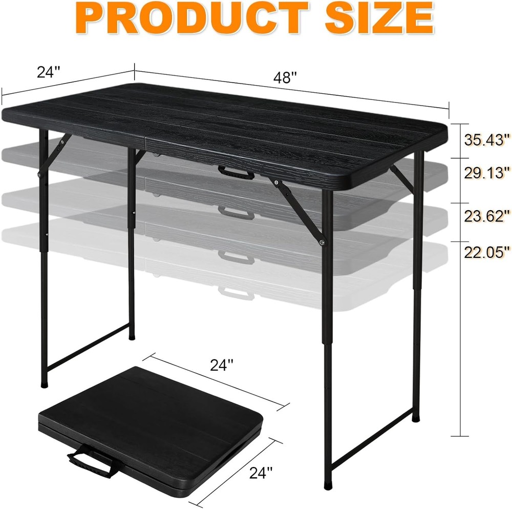 4ft Folding Table, Portable Fold-in-Half Adjustable Height Utility Table for Ind