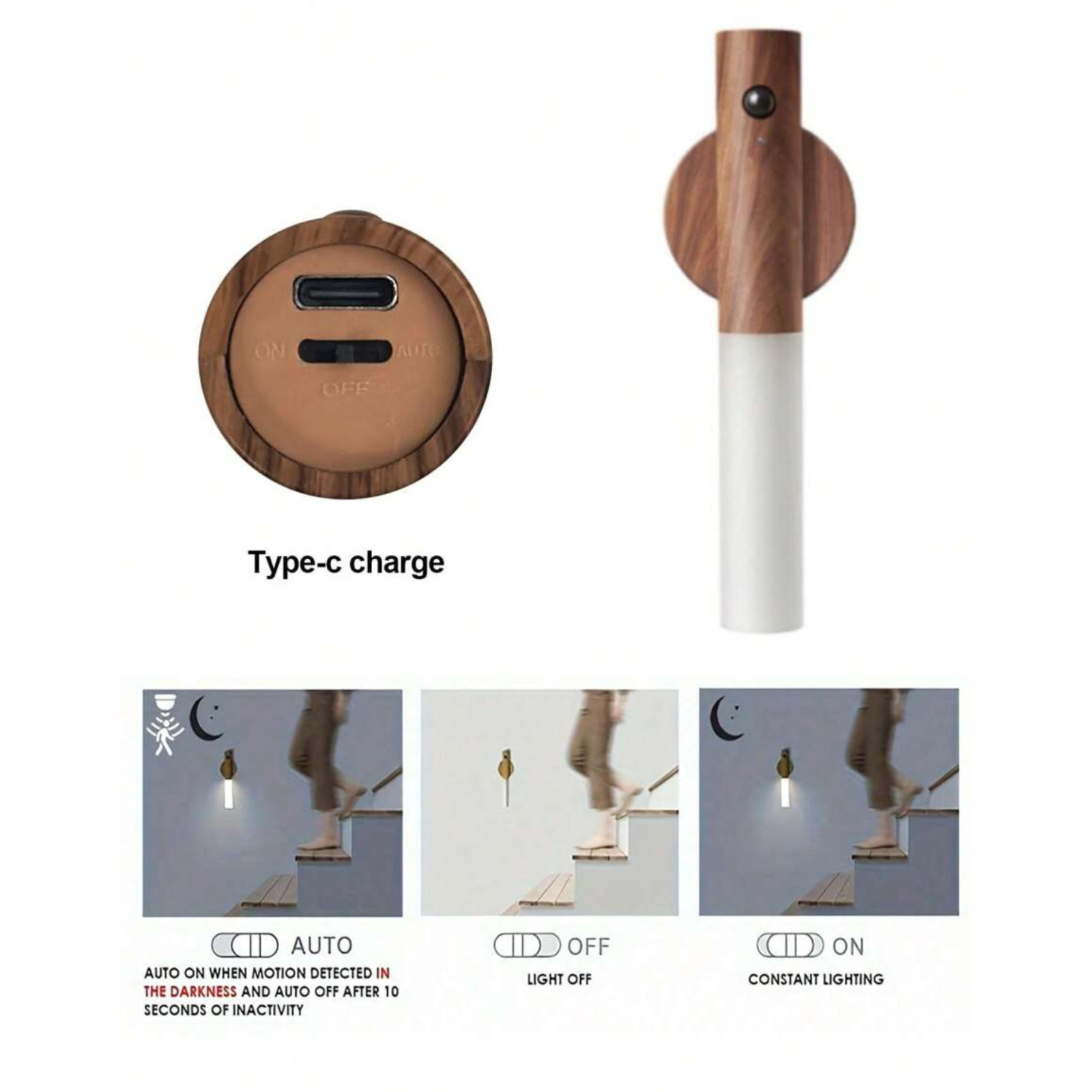 Motion Sensor Night Light Magnetic Wall Lamp USB Rechargeable LED Stick-On Light