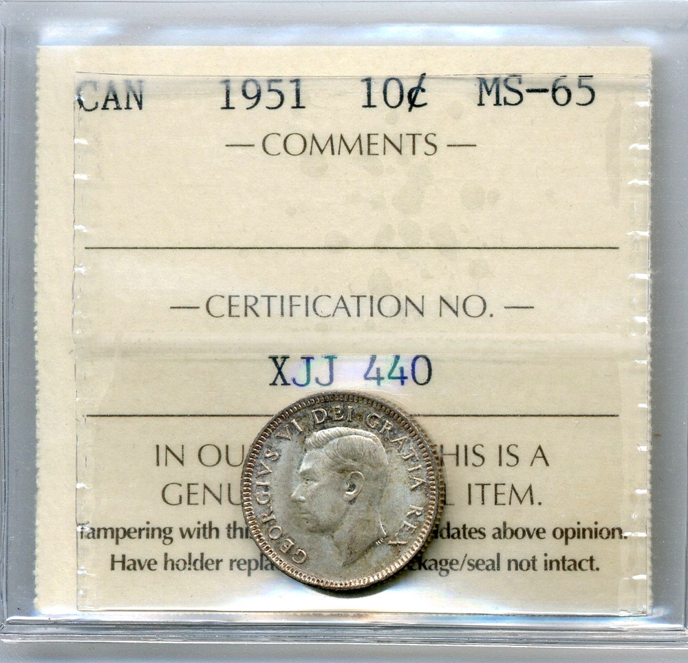 1951 Canada 10 Cents - GEM Uncirculated, ICCS MS65