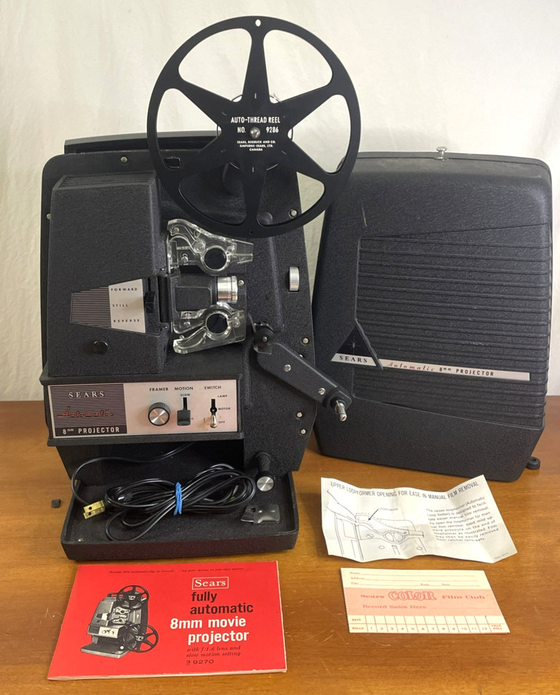 Vintage Sears Automatic 8mm Projector Tested Working, Needs Bulb Original Box