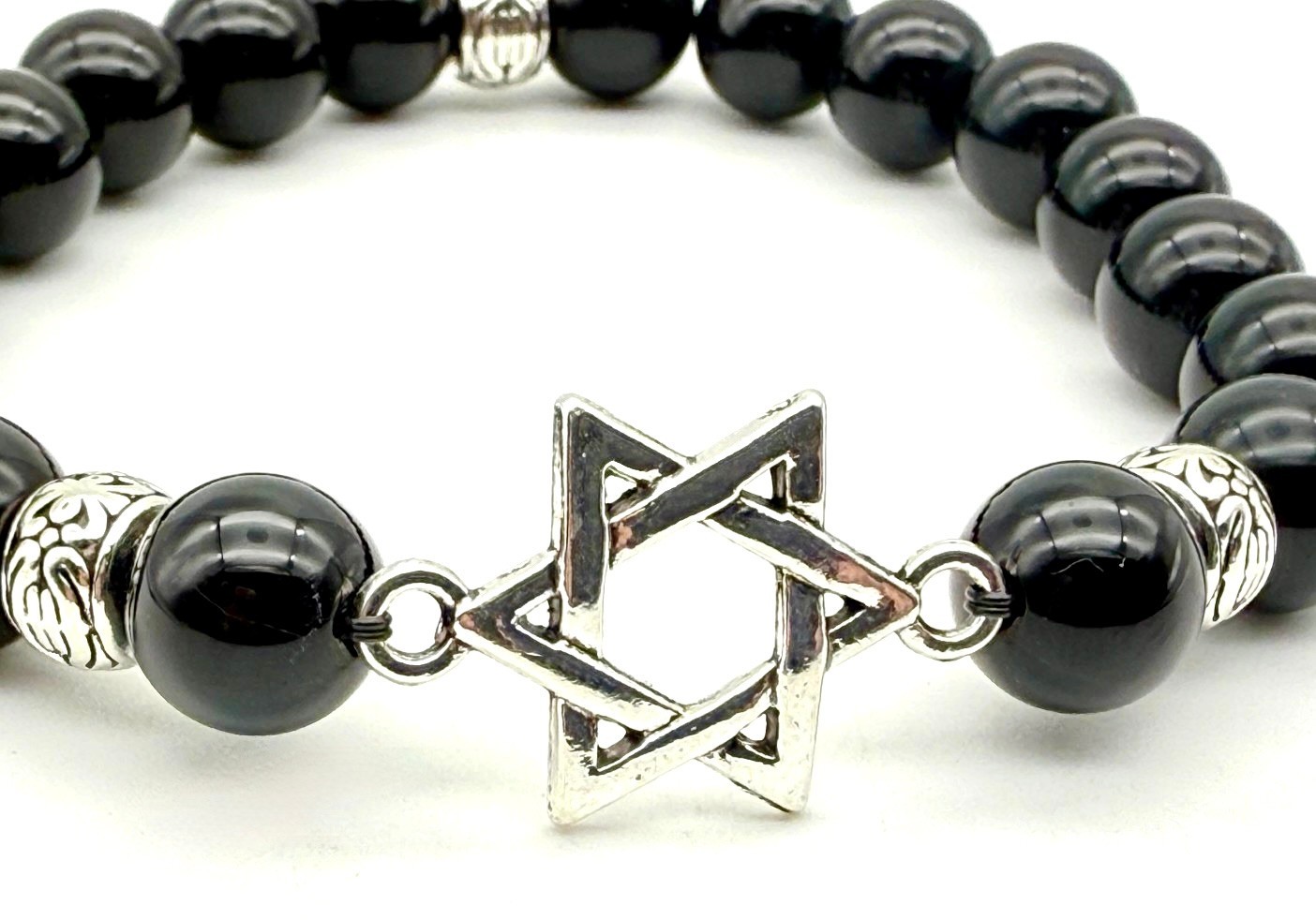 Handmade 10mm Onyx & Sterling Silver Star of David Jewish Star Bracelet