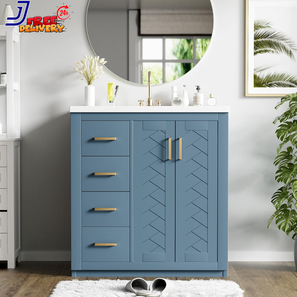30'' Bathroom Vanity with Ceramic Sink Combo Solid Wood Frame Bathroom Storage