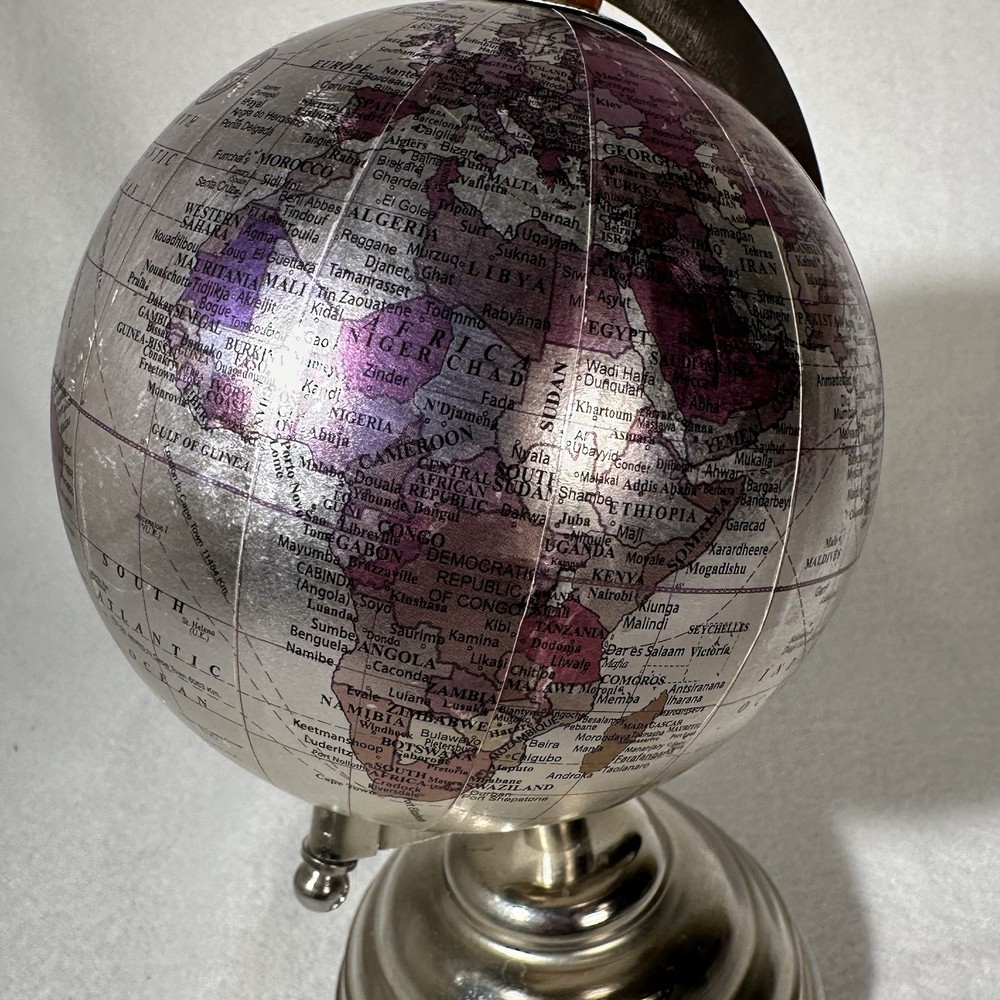 Small 9” Silver Globe Spins On Axis with Base