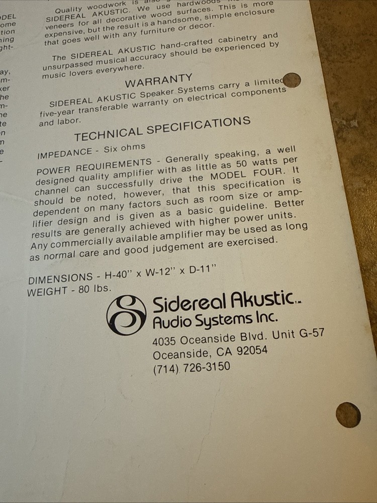 Original 1970s Sidereal Akustic Model Four Speaker System Advertising Spec Sheet