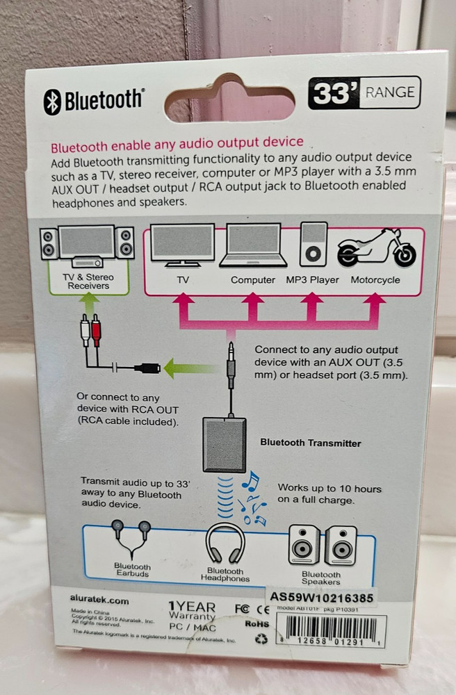 Aluratek Bluetooth 33' Audio Transmitter Bluetooth enable TVs Stereos Computers