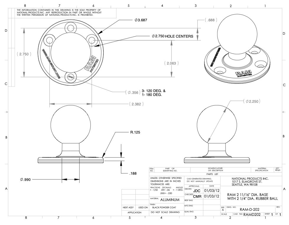 RAM-D-111U-C Ram Mounts 2.25″ Diameter Ball Mount with 11″ X 3″ Rectangular Base