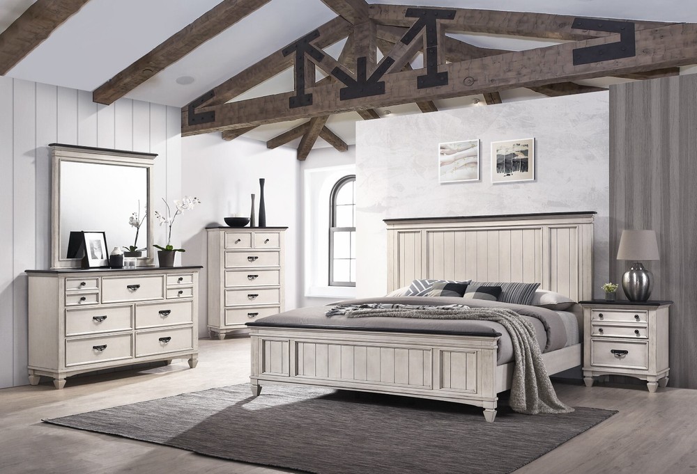 Rustic Cottage Style 4pc Queen Panel Bed Set Beige Finish Solid Wood Bedroom