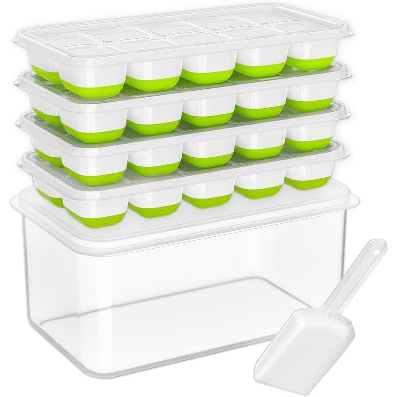 Stackable Ice Cube Tray Set W/ Lid Scoop & Storage Bin Freezer Organization New