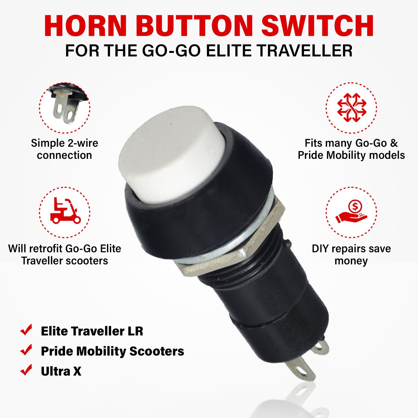 White Horn Button - For Go-Go and Pride Mobility Scooters