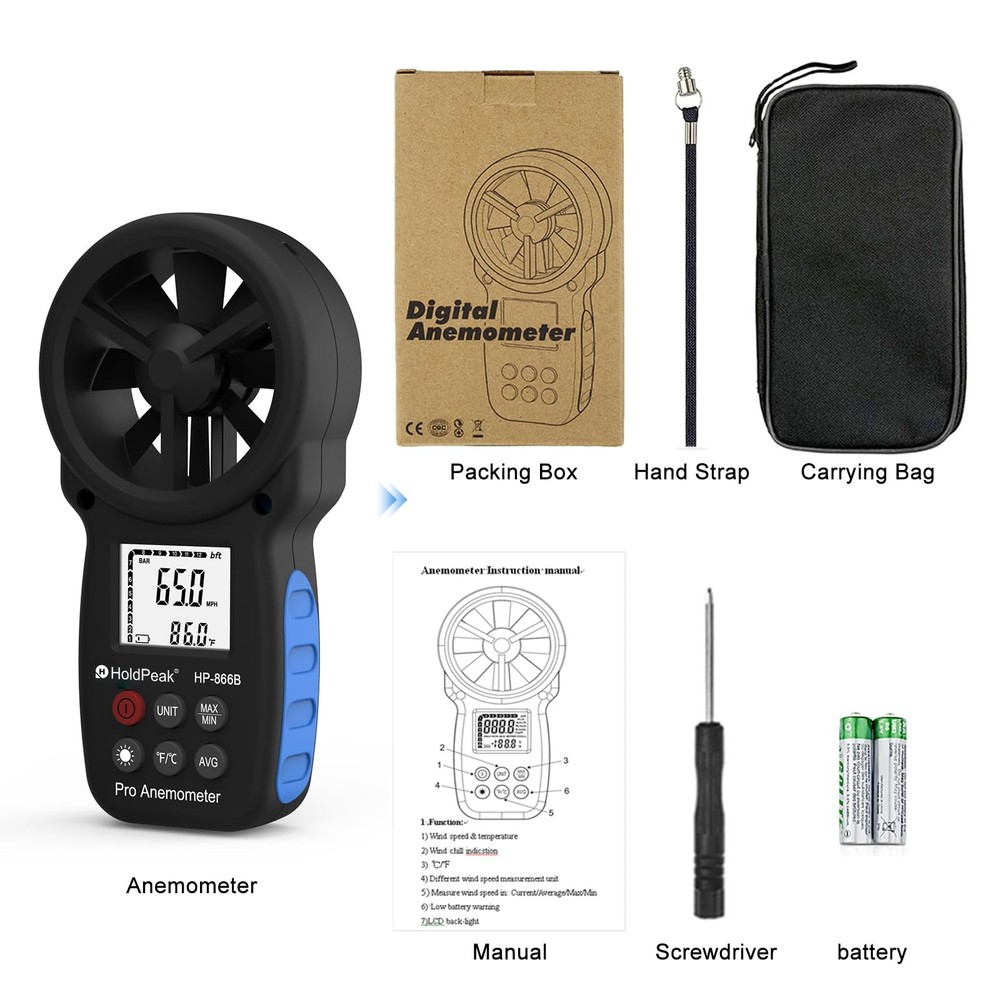 HoldPeak 866B Digital Anemometer Handheld Wind Speed Meter for Measuring Wind...