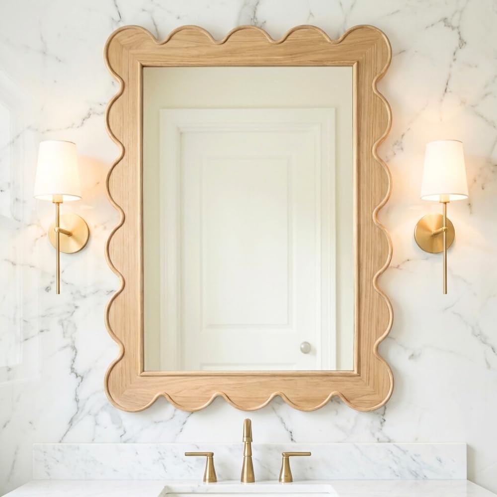 CAALMA Scalloped Wall Mirror 24 x 36 Rectangular, Bathroom Mirror, Mirrors fo...