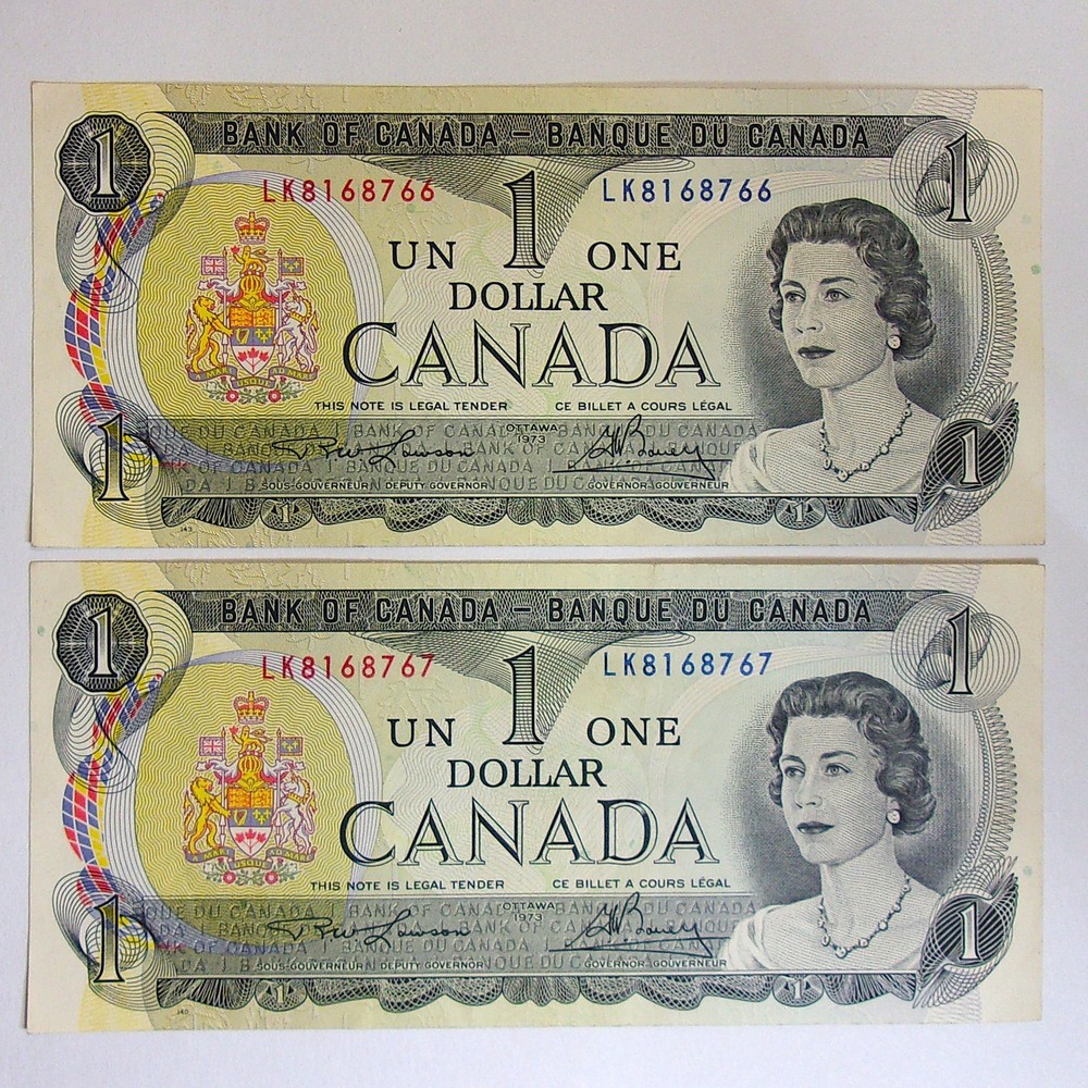 2-1973 $1.00 Bills with Consecutive Serial Numbers Uncirculated Notes Canada