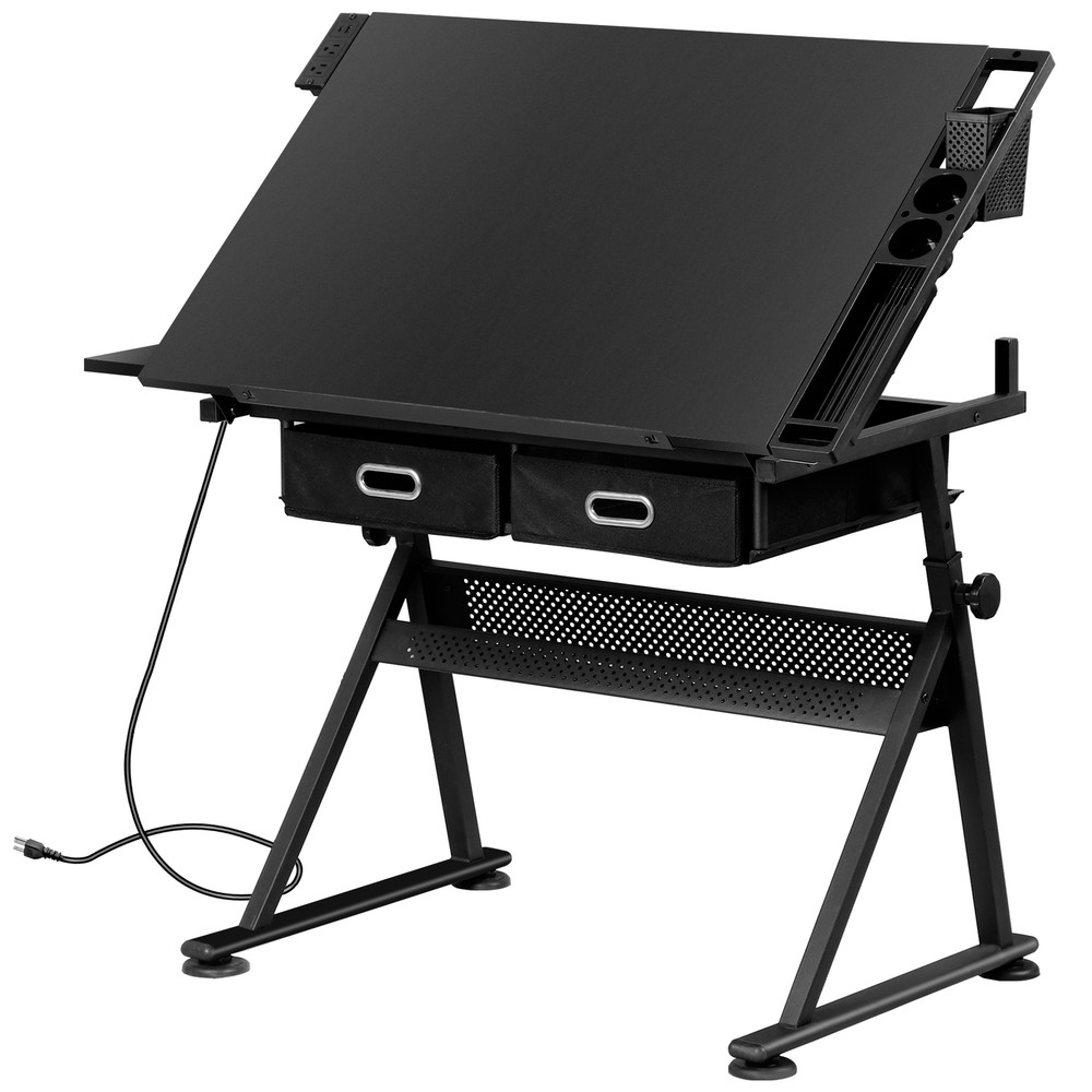 Drawing Drafting Table Stage Platform Adjustable Height W/ Stool Outlet Black
