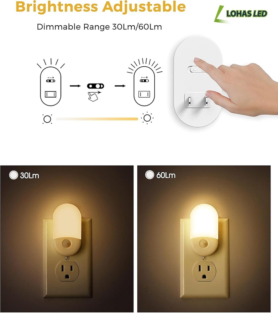Motion Sensor Night Light 2 Pack 3000K Warm White Adjustable Brightness 30/60LM