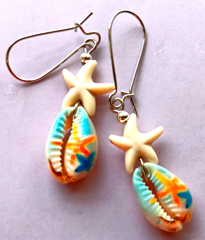 STARFISH Painted COWRIE SHELL dangle earring kidney wire handcrafted #ACTA