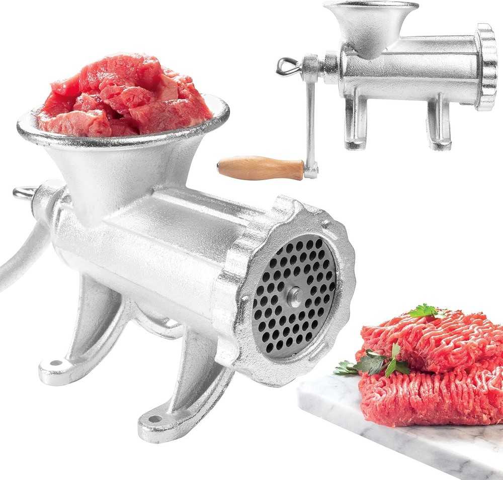 Cast Iron Table Mount Meat Grinder- Manual Mincer Includes Two 3/4" Silver