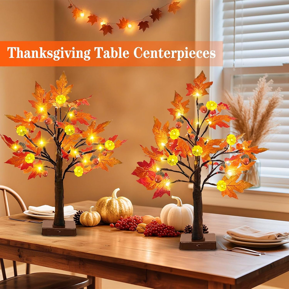 Thanksgiving Fall Decor-2 Pack 24 Inch Prelit Fall Maple Tree 48Leds Timer Acorn
